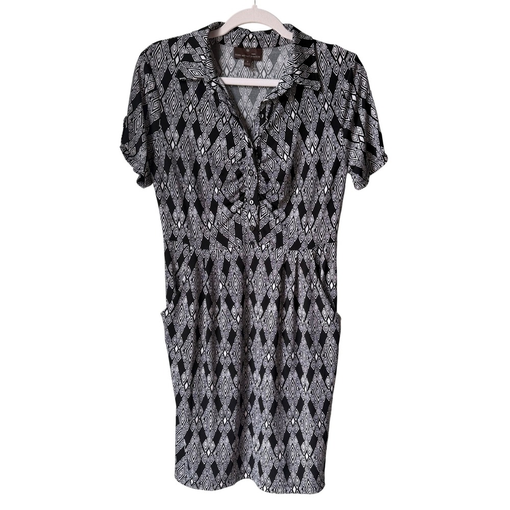 Fenn‎ Wright Manson Dress Navy White Geo Print Collar Short Sleeve Jersey Knit 6